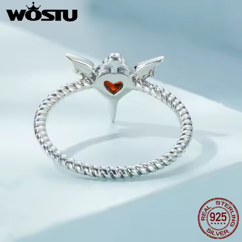 WOSTU 925 Sterling Silver Punk Goth Bat Wings Braided Ring Black Heart CZ Retro Rings for Women Halloween Jewelry Gift Hiphop
