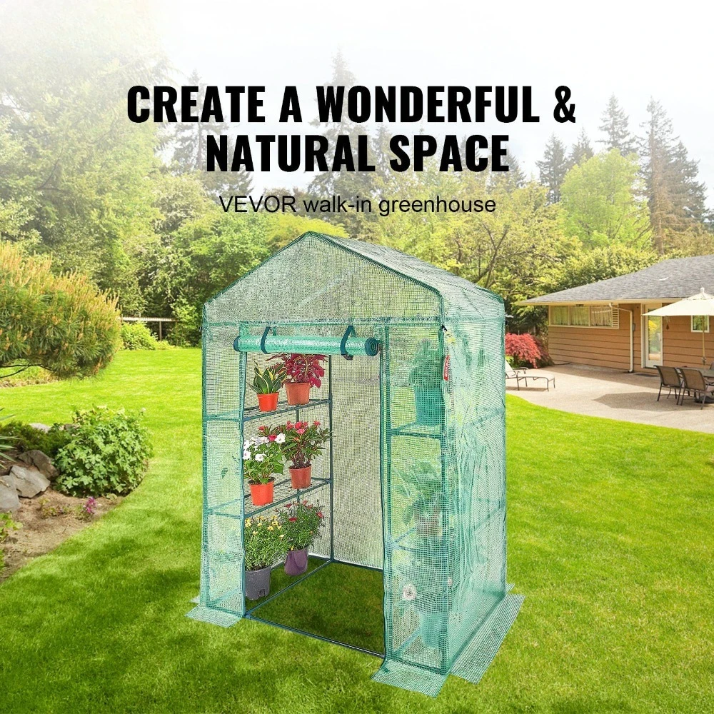 

Walk-in Green House, 4.6 x 2.4 x 6.7 ft, Greenhouse with Shelves, High Strength PE Cover with Doors, Windows and Steel Frame