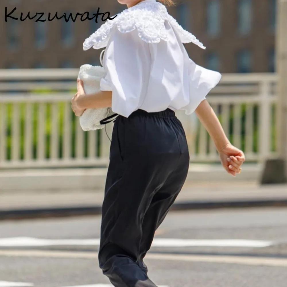 Kuzuwata Sweet Long Sleeve Peter Pan Collar Blouses Slim Fit All-match Loose Literaty Blusas Japan New Straight Patchwork Shirt