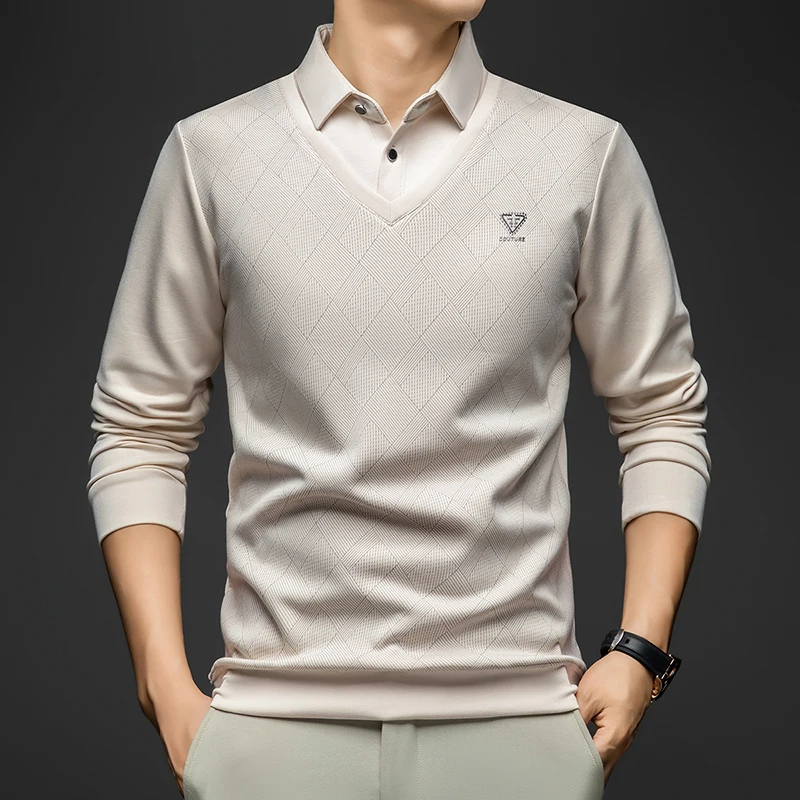 2025 الربيع والخريف منتصف العمر الرجال طوق بأكمام طويلة تي شيرت أبي فضفاض وهمية قطعتين منتصف العمر رقيقة رداء علوي غير رسمي الرجال #3