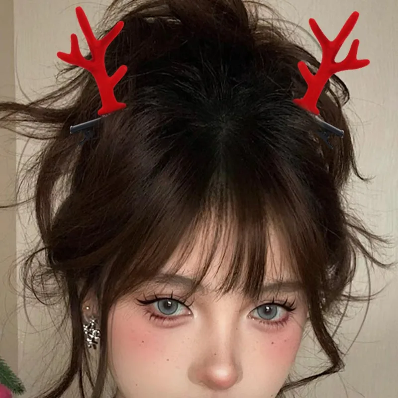 Christmas Elk Antlers Hairpin Beautify Hairstyle Cute Hair Clip Simple Solid Color Deer Horn Hairclip Festival Flocking Headwear