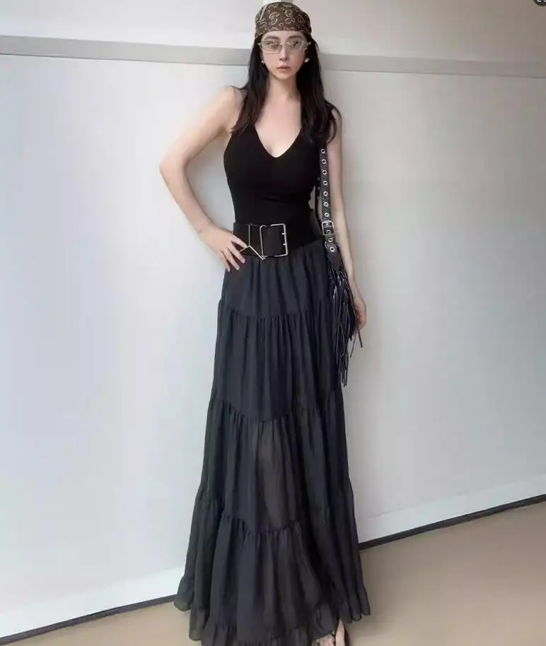 Maxi Long Skirts for Women Chiffon Korean Lolita Style Spring Summer Elastic Waist High Low Ruched Ruffles plus Size Skirt