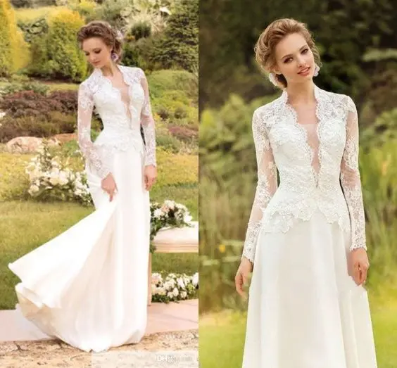 Elegante vestidos de noiva de manga comprida 2020 rendas vestidos longos de novia vestido de noiva robe de mariee a line branco marfim até o chão