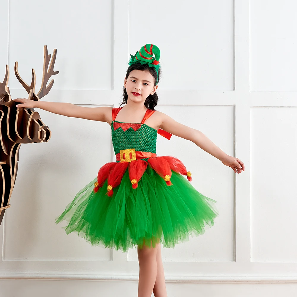 Christmas Elf Girls Tutu Dress with Headband Santa's Helper Kids Dressing up Costume for Xmas Party New Year Ball Gown