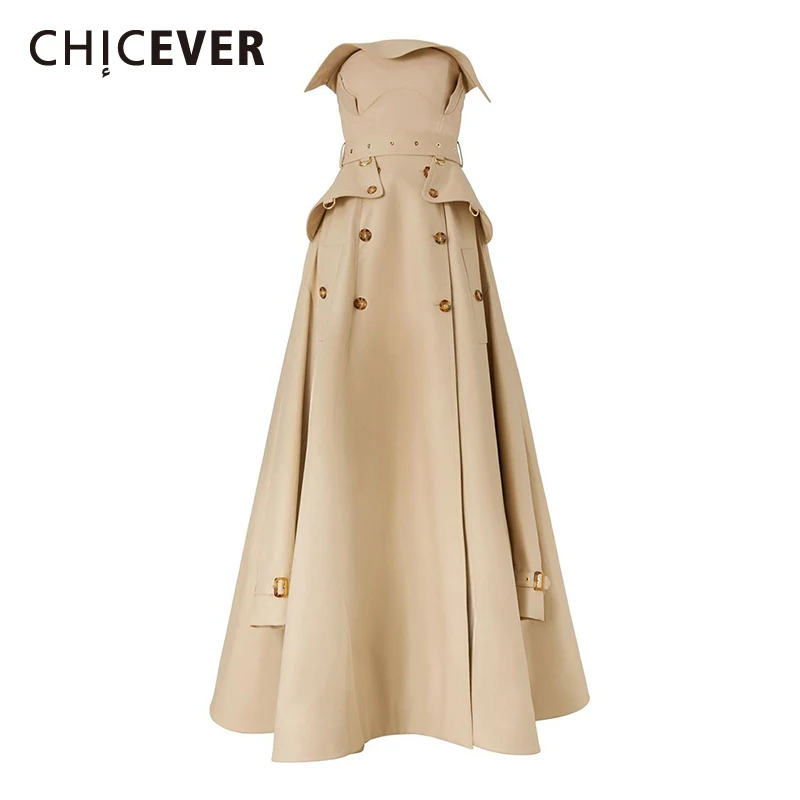 

CHICEVER Apricot Spliced Button Elegant Dress Female Strapless Sleeveless Office Lady Women's Dresses Summer Style Fashion New
