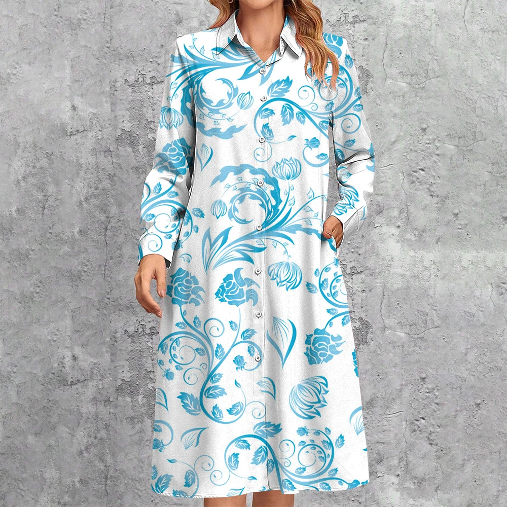 Elegant White And Blue Floral Printed Shirt Dress Bohemian Women Long Sleeve Lapel A-Line Dress Single Breasted Pocket Dresses