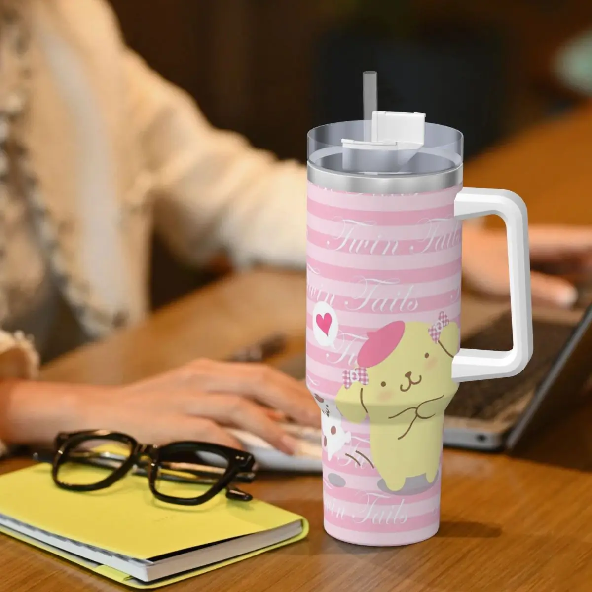 Pom Pom Purin Bicchiere in acciaio inossidabile Tazza da caffè di grande capacità da spiaggia con cannucce e coperchio Tazze da 40 once Tazza Bevande calde Bottiglia d'acqua