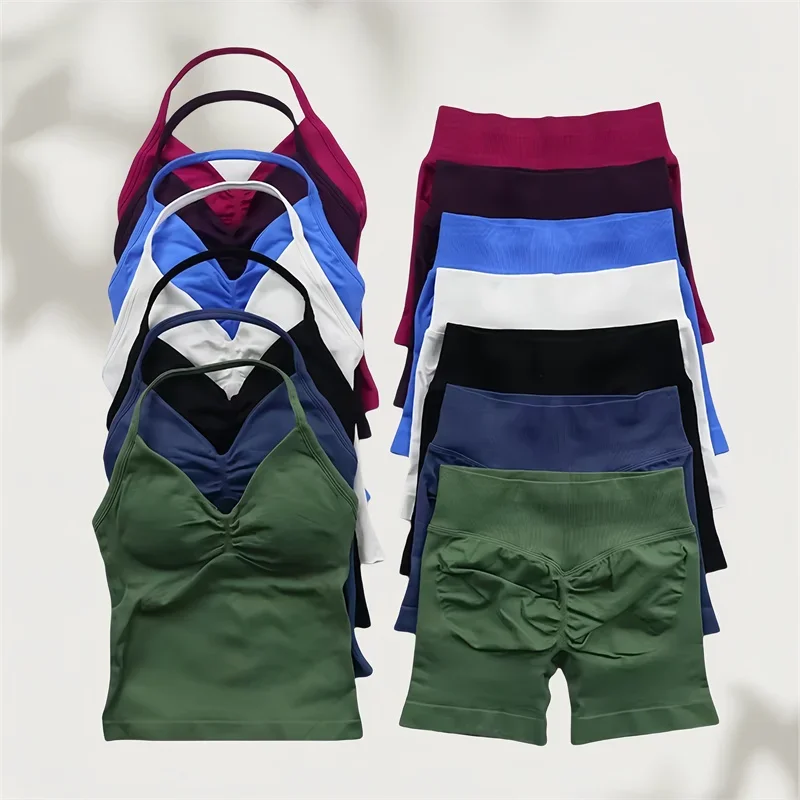 2 Pieces Women Impact Yoga Set Seamless Longline Strappy Tank Top Scrunch Sports Shorts Gym Clothes Woman Summer Workout Outfit