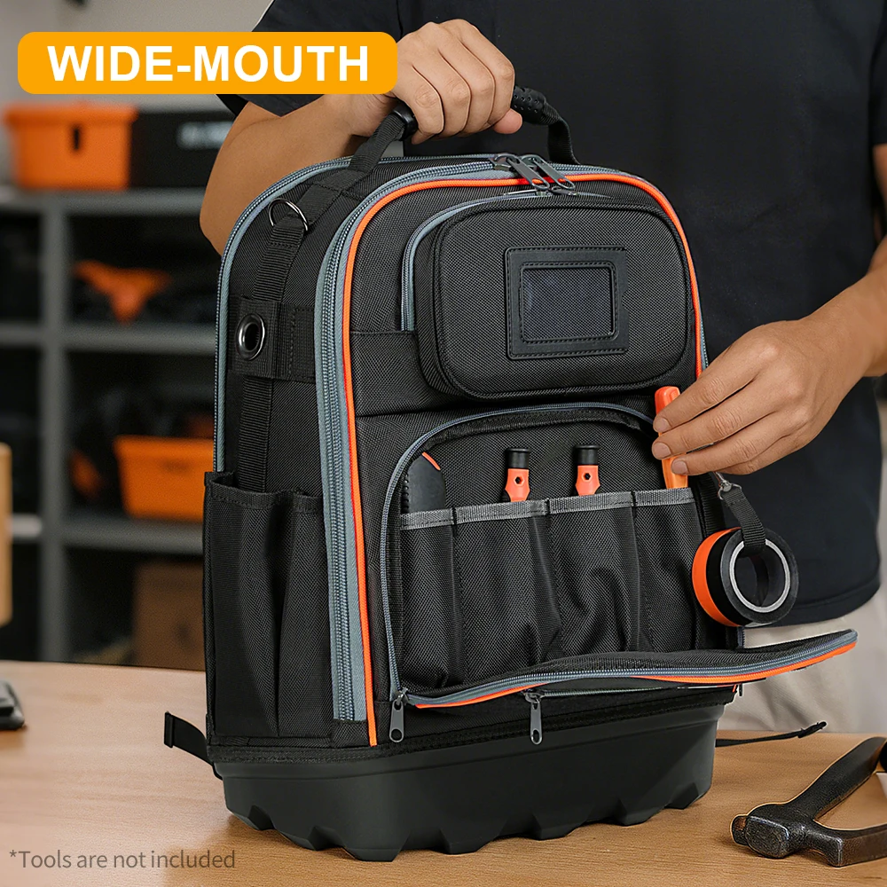 Tool Backpack Heavy Duty, Tool Bag Backpack with Laptop Compartment & Molded Base, 1680D Oxford, Multiple Pockets for Men