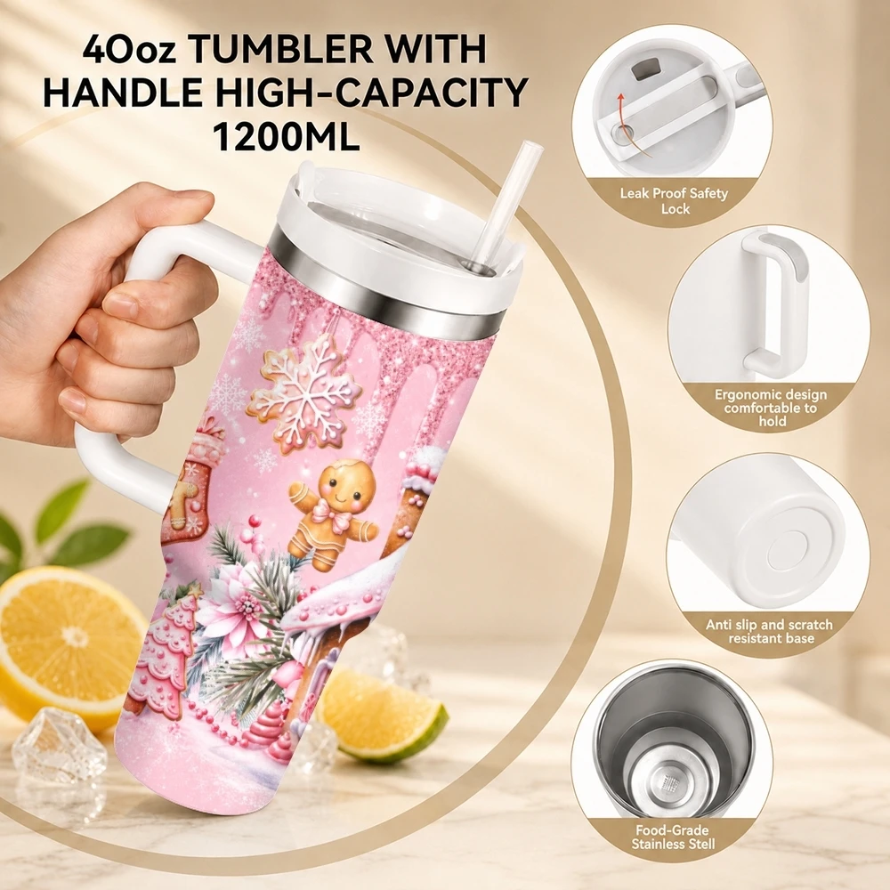Gingerbread House Print Vacuum Flasks 40oz Stainless Steel Travel Tumbler with Handle Straw Lid Double Wall Vacuum Insulated