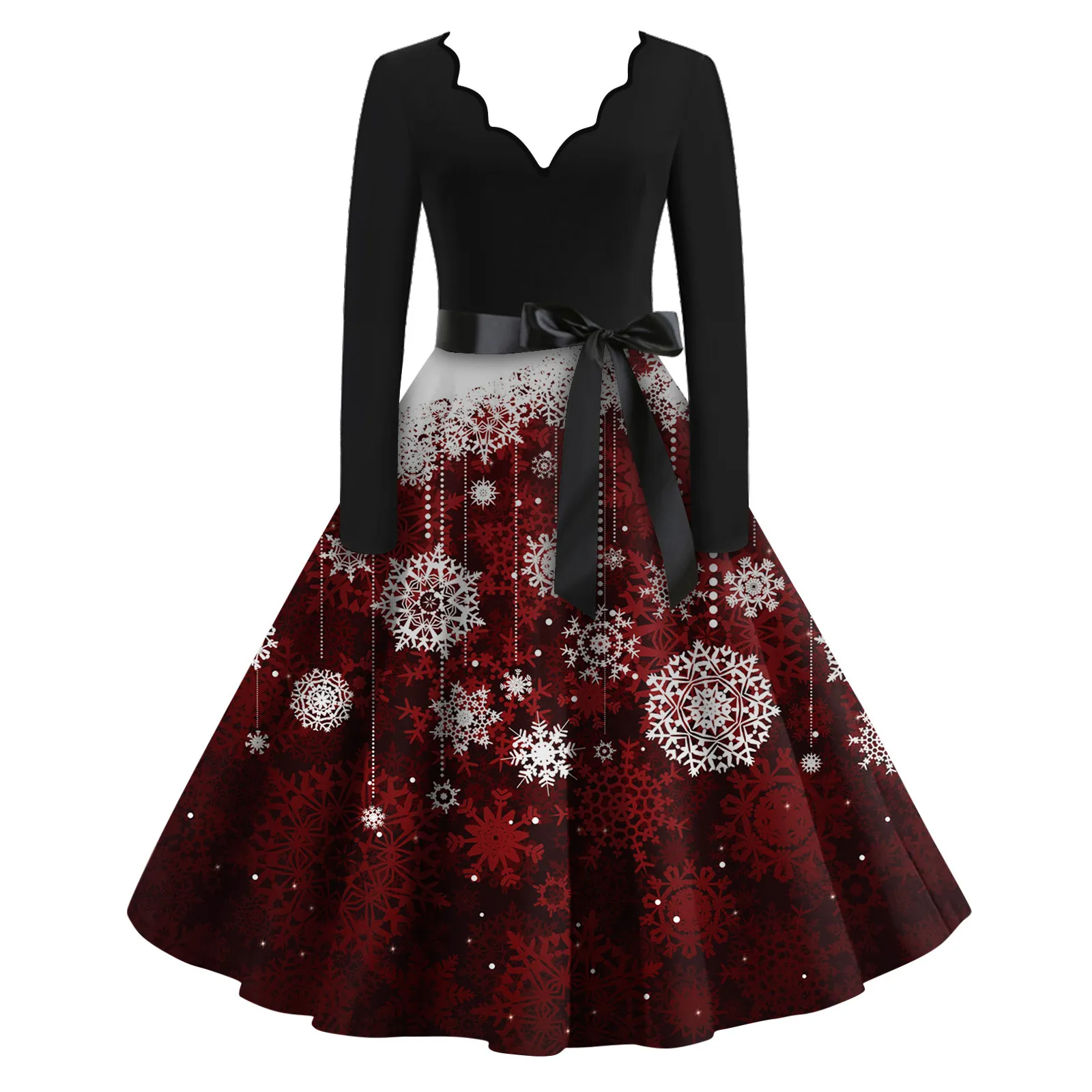 Women's Christmas Dress Fashion Snowflake Plaid Print Hem Long Sleeve Dress Casual Women's V Neck Waist Lace Up Party Dress