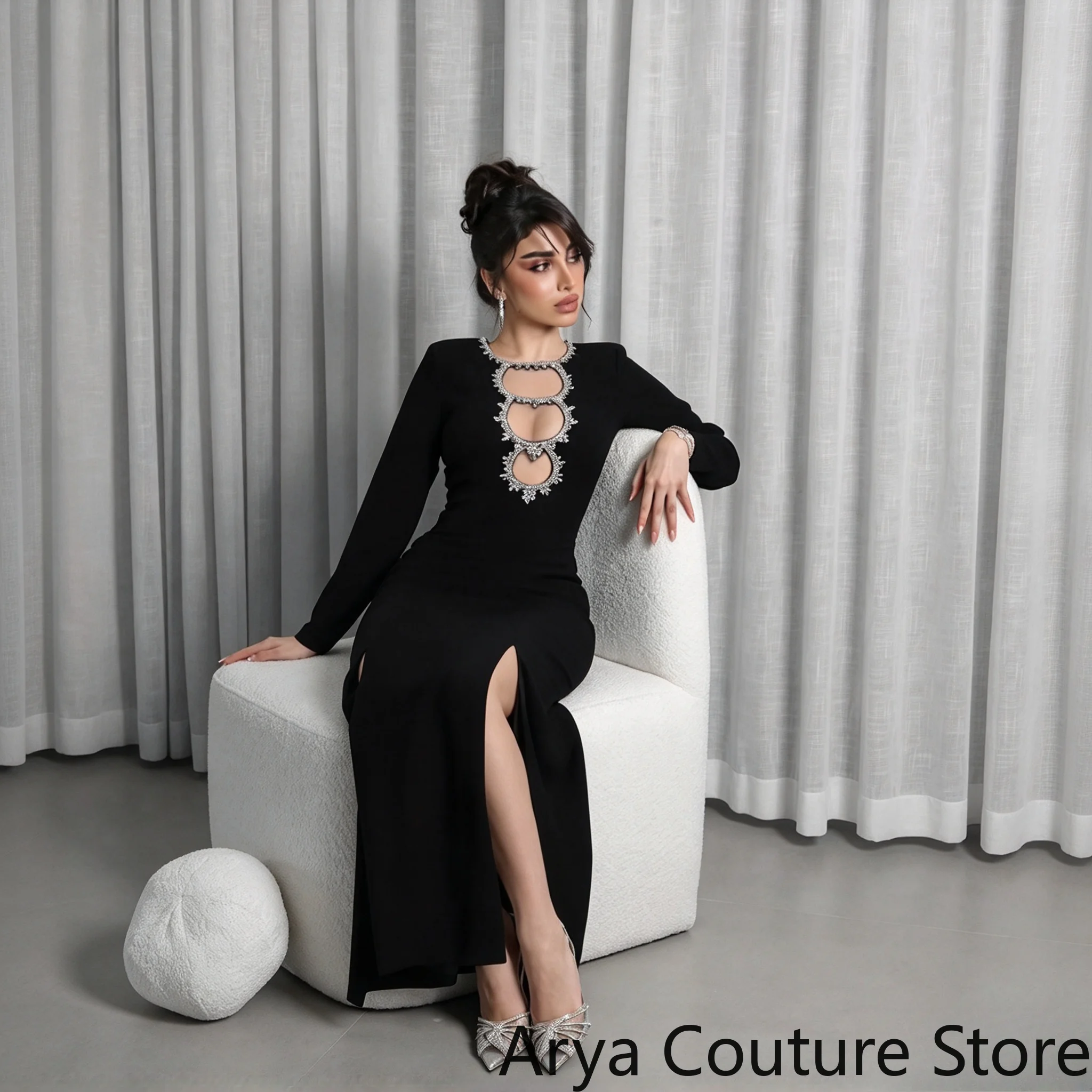 Customized Black Long Sleeve Formal Gown Rhinestone Chain Hollow Out Chest Slim Fit High Slit Midi Party Dress For Women