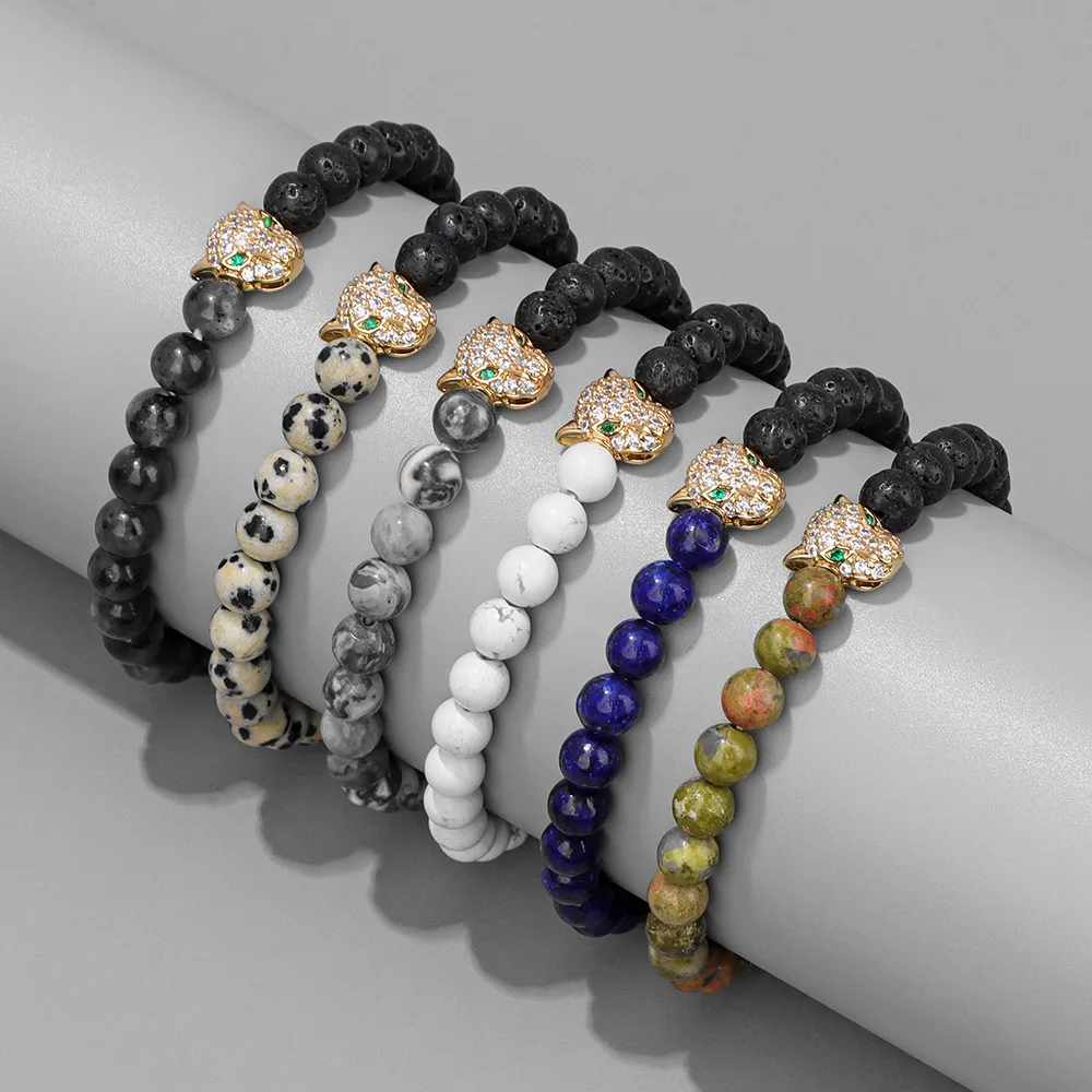 

Hot Sale Natural Stone Unakites Lave Stone Beads Bracelets Gold Color Leopard Head Bead Buddha Charm Bracelets Men Women Pulsera