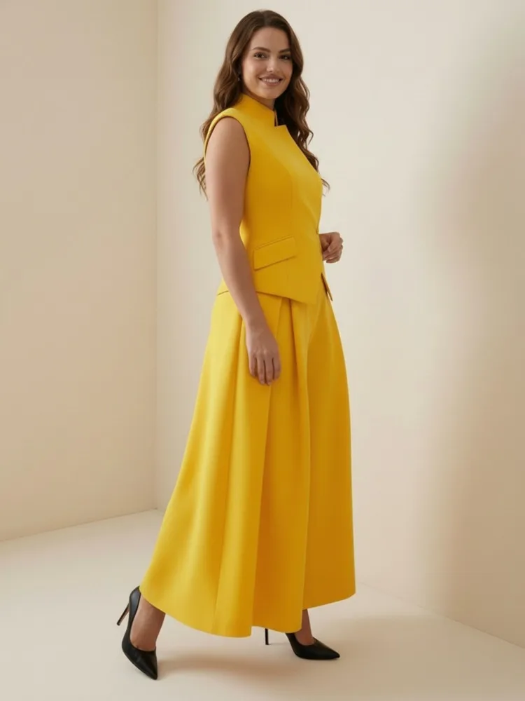 Pantalon large plissé taille haute jaune pour femme Yeezzi 2026, couleur unie, décontracté, pour le bureau, avec fermeture éclair