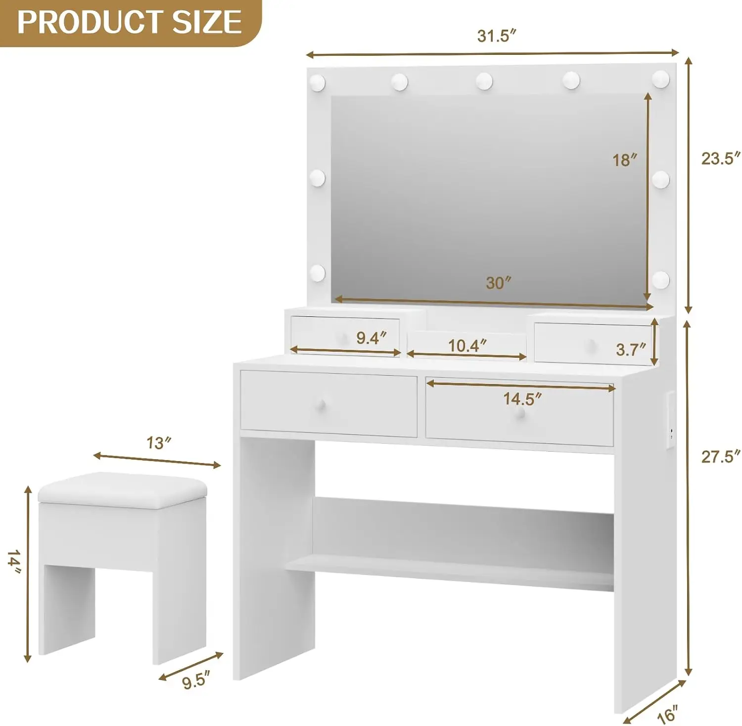 Vanity Desk Set with LED Mirror, Storage Chair, White Makeup Table | Built-in Power Outlet, 9 Light Bulbs, 3 Lighting Modes, 4