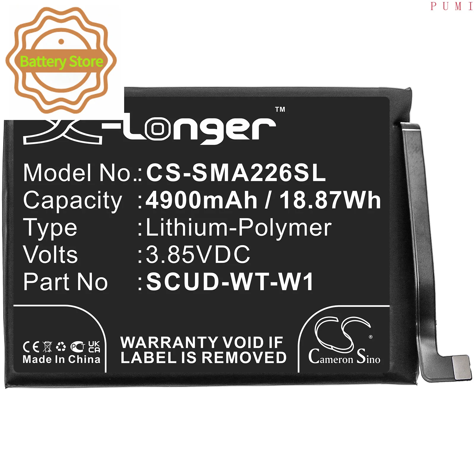 CS Replacement Battery for Samsung Galaxy A22 5G,SM-A226B,SM-A226B/DS,SM-A226B/DSN,SM-A226L,G PN:SCUD-WT-W1 4900mAh / 18.87Wh