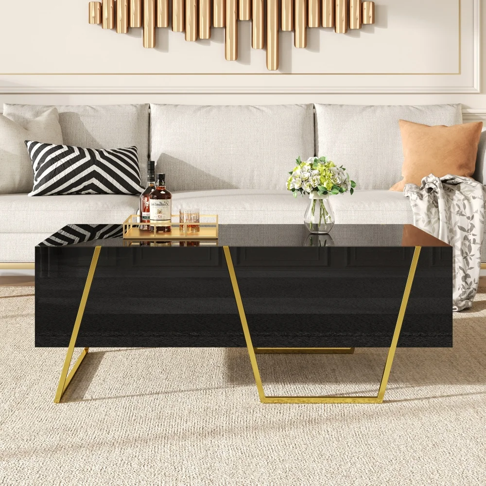 

Modern Rectangular High Gloss Coffee Table for Living Room with Storage and Gold Base, 4 drawers, Black, 47.2"
