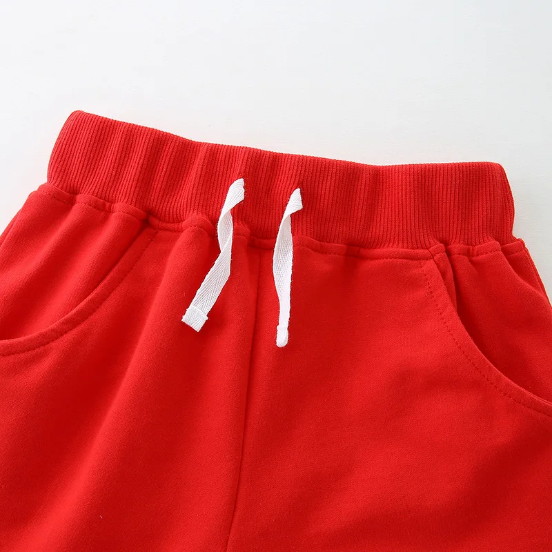 Single piece summer children\'s shorts with red pockets, fake drawstring, elastic middle pants 2-7Y