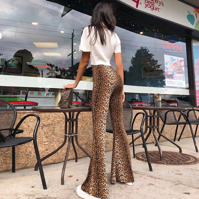 JHJN  Elasticity High Waist Elastic Force Leopard Print Cultivate Oneself Long Legs Flared Pants For Women Luxury Brand