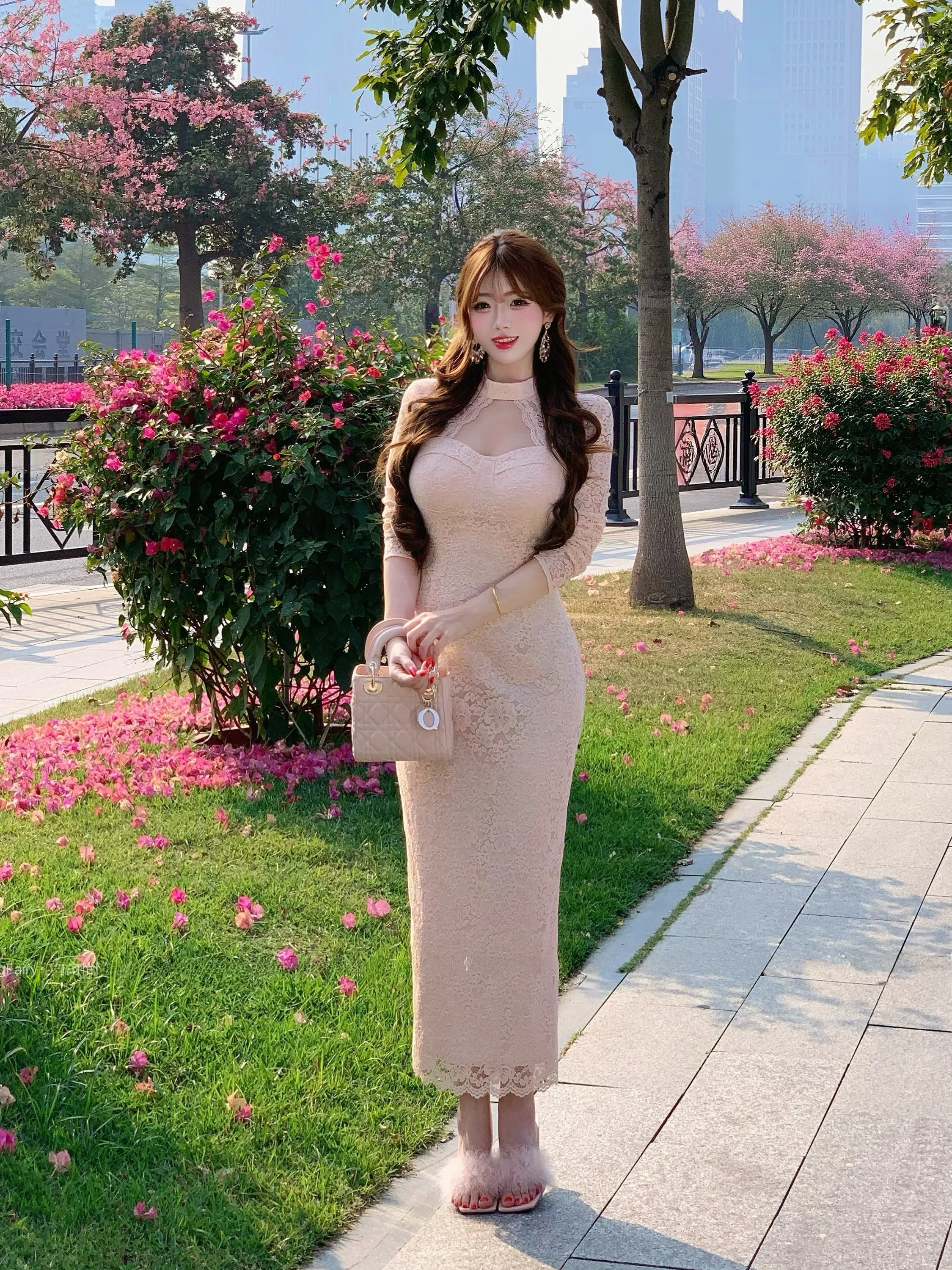 

Женское платье Ele с ажурным дизайном и длинным кружевом, облегающее, повседневное, осенне-зимнее, из смесового хлопка