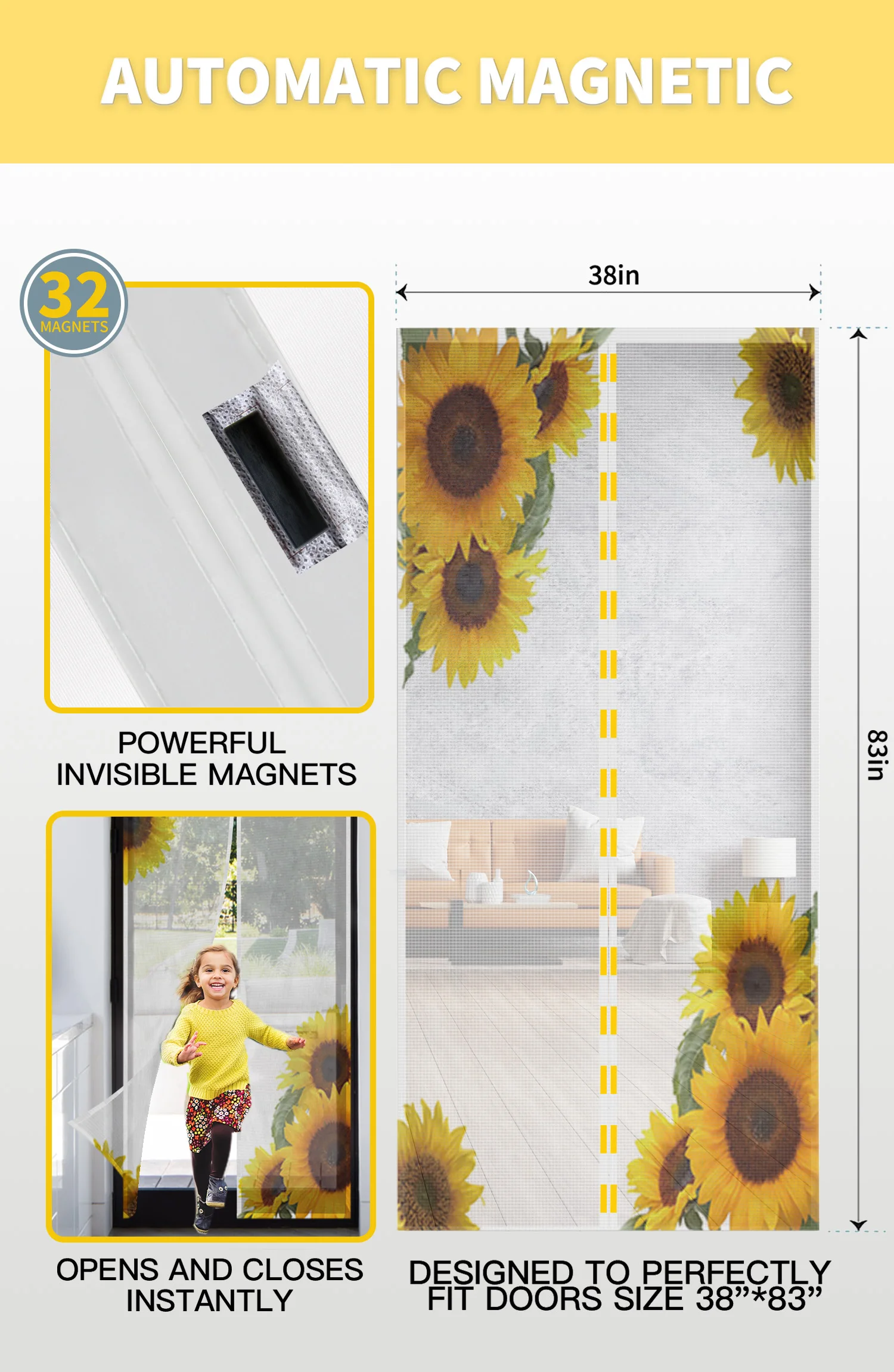 Sunflower Flower White Door Curtain Bedroom Magnetic Mosquito Screen Kitchen Insect Proof Window Mosquito Net