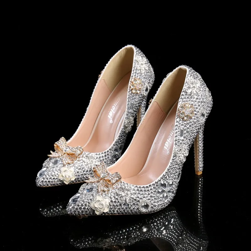 New Summer Low-top Pointed Toe Silver Sparkling Diamond Stiletto Heel Everyday Fashion Wedding Shoes