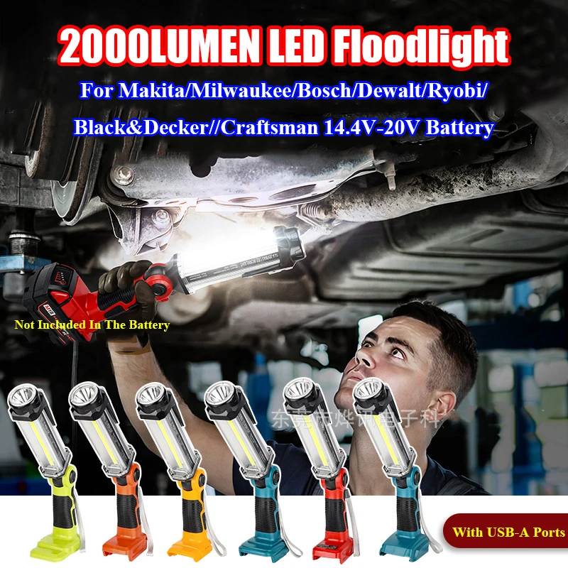 Cordless Portable Flashlight for Makita/Milwaukee/Ryobi/Dewalt/Bosch/Black&Decker/Craftsman Battery 2000LM LED Light Floodlights