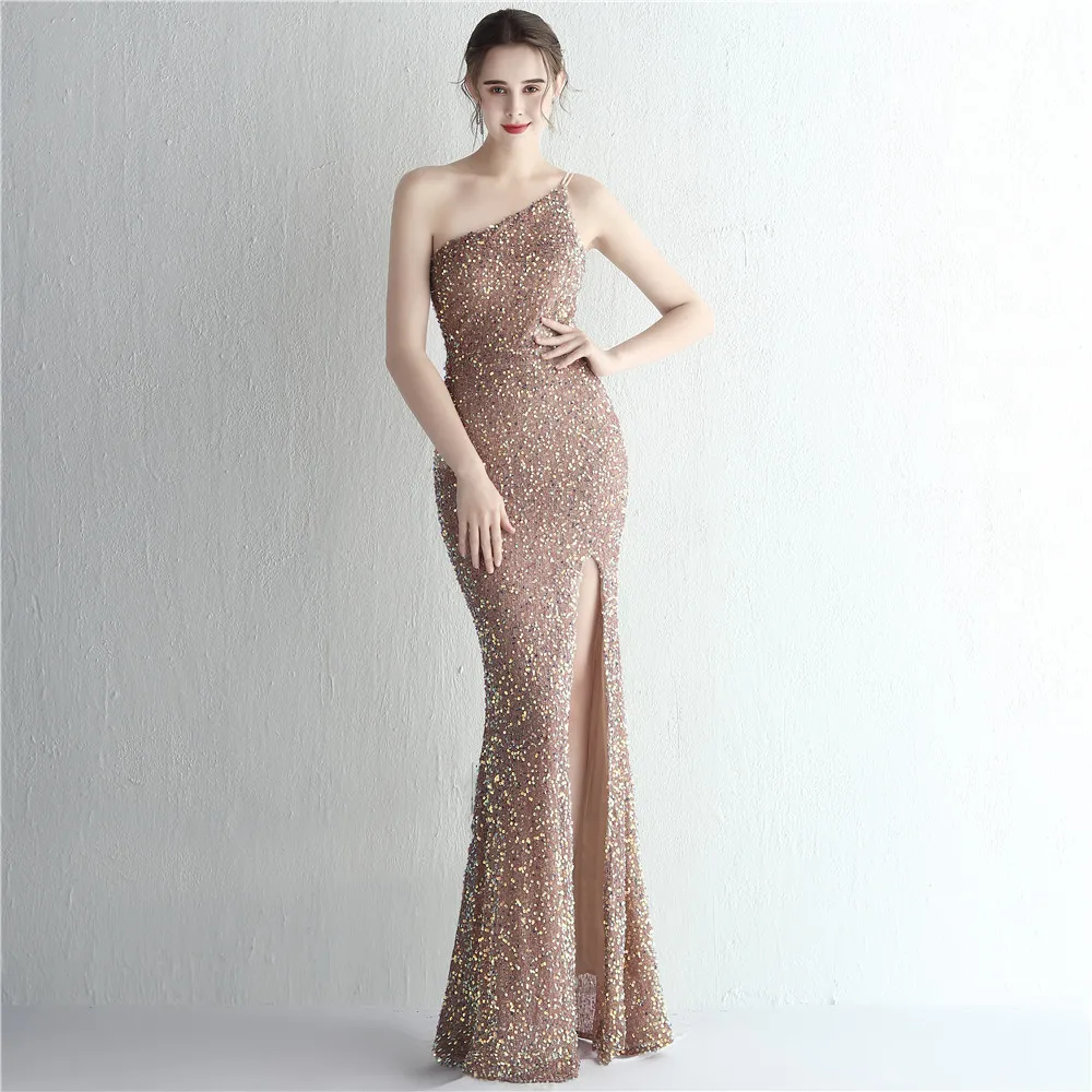 เซ็กซี่หนึ่งไหล่ด้านข้างแยกชุด Mermaid Evening Luxury Glitter Sequins ยาวงานแต่งงาน Party Prom Robe De Mariée