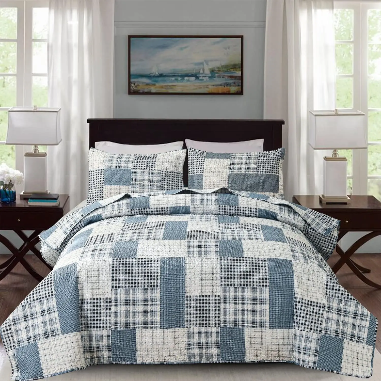 

3 Piece Plaid Quilt Set Queen Size Country Patchwork Bedding Quilt Lightweight Reversible Bedspread Coverlet With Sham Soft All