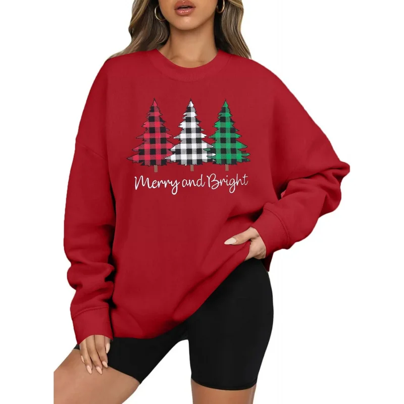 Women's Oversized Christmas Sweatshirt, Joyful And Bright Shirt, Checkered Printed Pullover, Long Sleeved Top