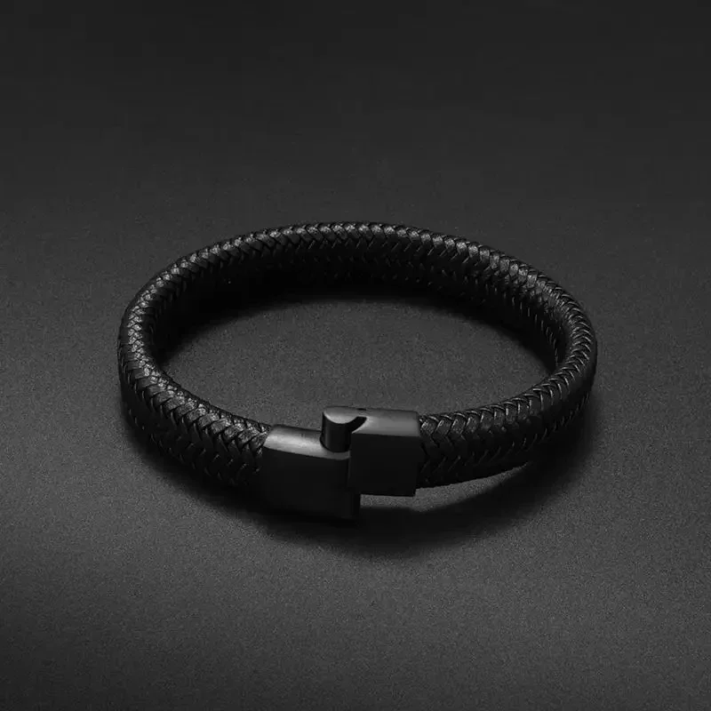 Classic Single Layer Black Woven Leather Bracelet with Metal Magnetic Buckle Men\\\'s Business Casual Trendy Jewelry Gift