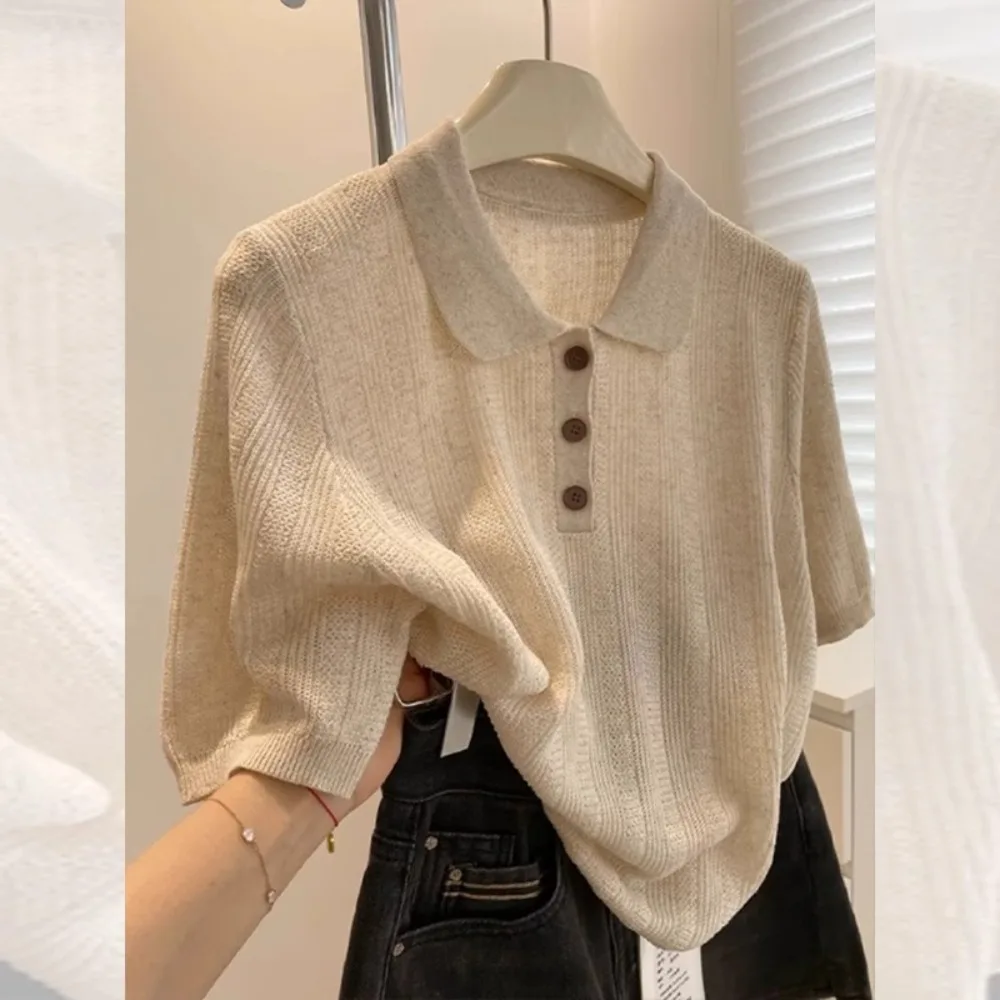 Women's Soft Ice Silk Knitted Short Sleeve T-shirt Premium Oat Color Lapel Tee Summer Loose Versatile Solid Color Top