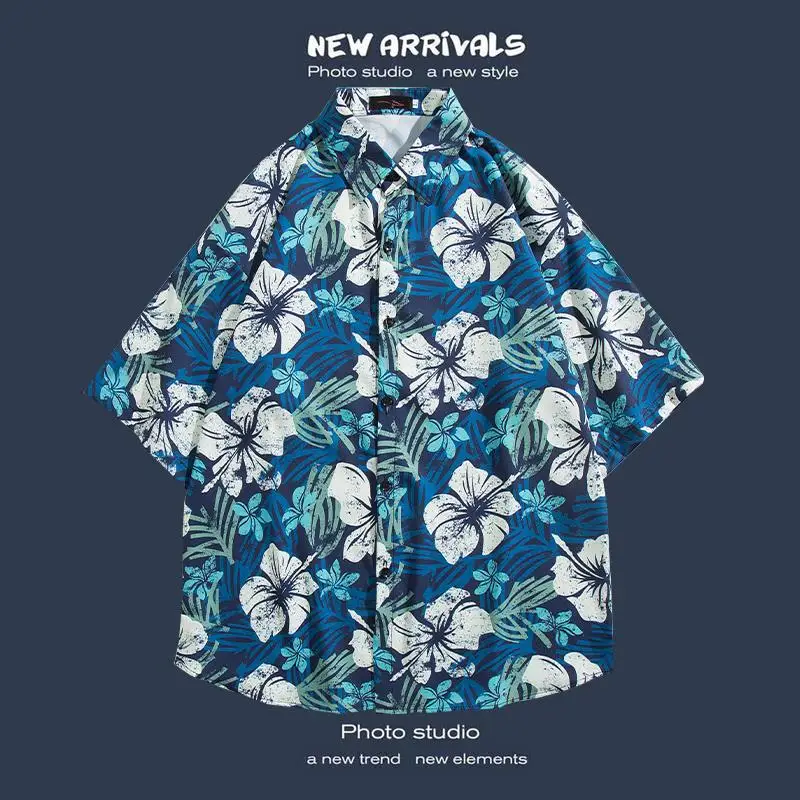 

Men Flower Print Shirt Short Sleeve Loose Fit Button Up Fashion Vacation Tops for Summer Beach Resort Party Daily Wear
