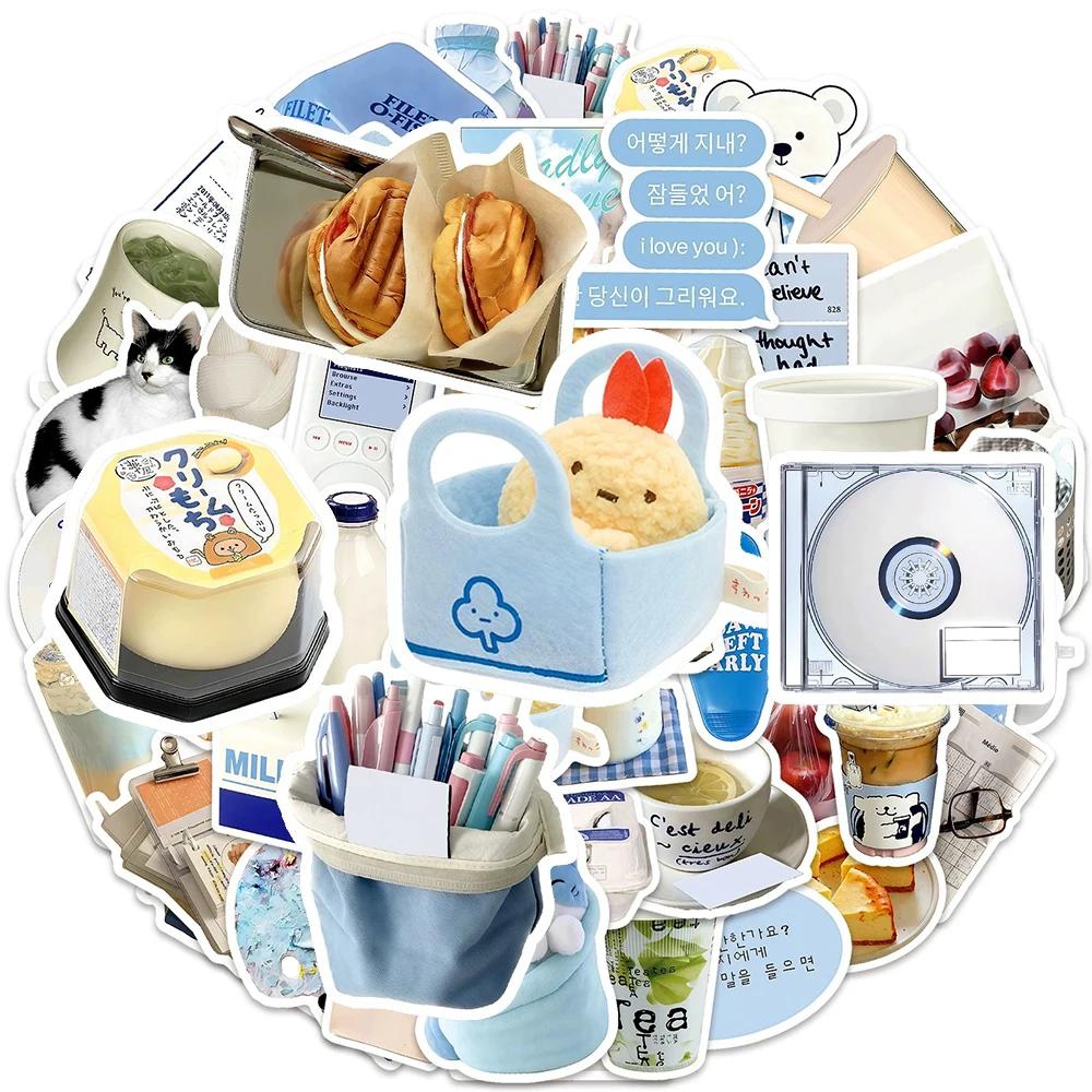 

10/30/50pcs Kawaii INS Style Blue Fresh Aesthetic Stickers Cartoon Milk Bread Sticker DIY Fridge Suitcase Phone Decals Wholesale