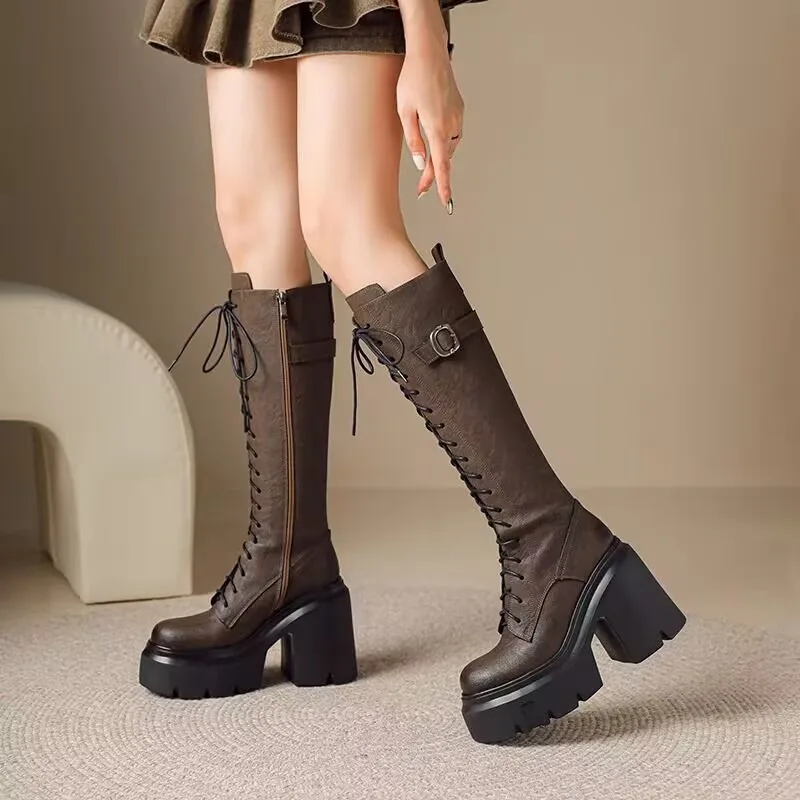 Women's Long Boots Size 35-40 PU High Heels Coarse Following Women Platform Front Lace Up Round Toe  Belt Buckle Knight Boots