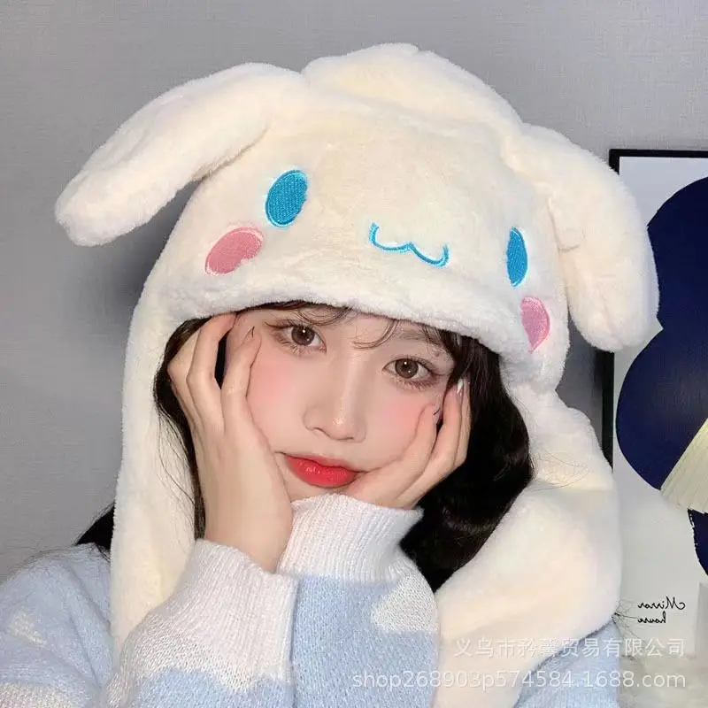 Kawaii Cinnamoroll My Melody Kuromi Hello Kitty Hat with Moving Ears Cartoon Stitch Couple Outdoor Plush Warm Windproof Hat