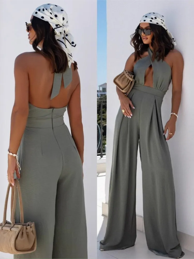 Sexy Backless Halter Neck Sleeveless Bandage Jumpsuit Summer Women Fashion Red Black Hollow Out Wide Leg Jumpsuits Streetwear
