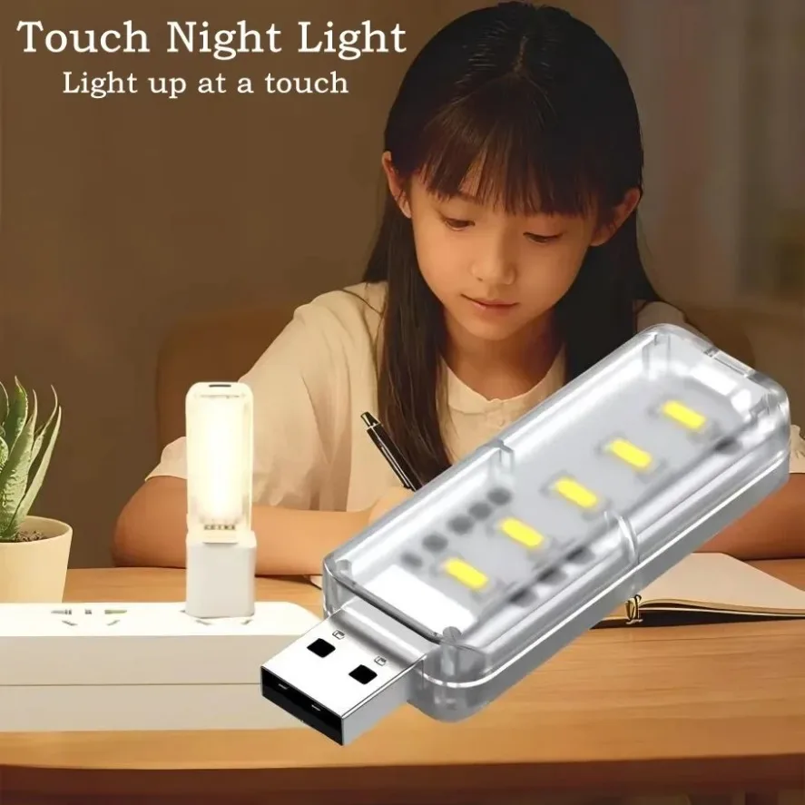 Mini Portable DC 5V USB Touch Switch Night Light 5 LED For Bedroom Study PC Laptop Mobile Power Bank Plug in Lighting 1/5/10PCS