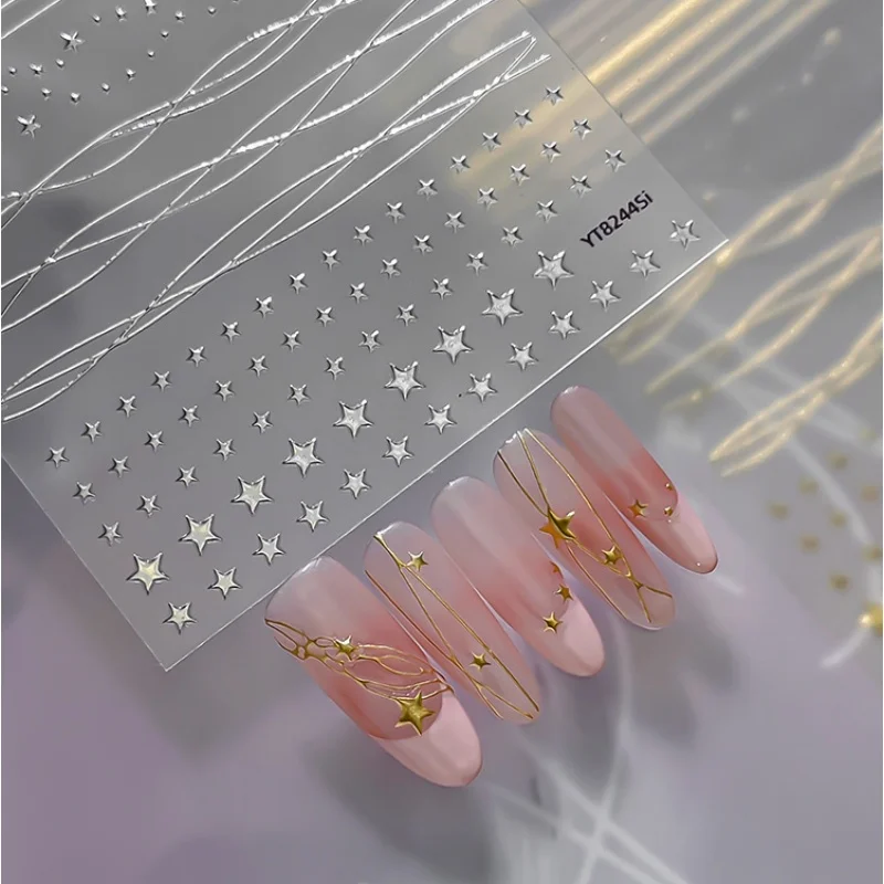 Sparkling Gold Silver Star French Nail Stickers Metal Texture Curve Strip Self Adhesive Nail Decoration Stickers Accessories DIY