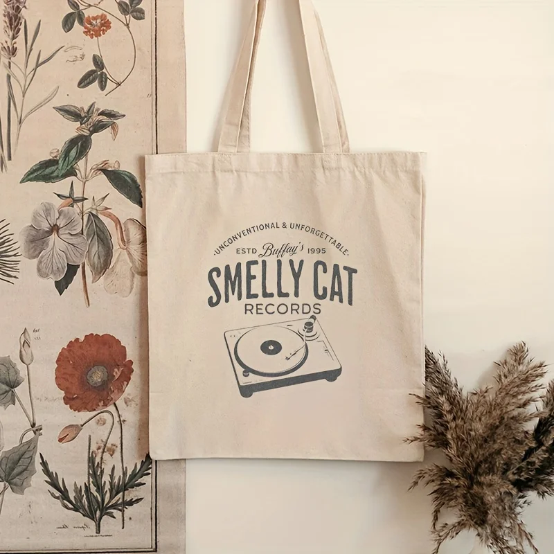 Smelly Cat Friends Pattern Tote Bag,  Canvas Shoulder Bag For Daily Commute Women's Trendy Folding Shopping Bag