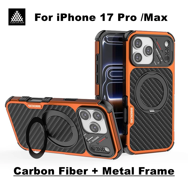 

Magnetic Real Carbon Fiber/ Wood + Metal Frame Case for iPhone 17 Pro Max 17Pro with Magsafe /Holder Anti-drop Shockproof Cover