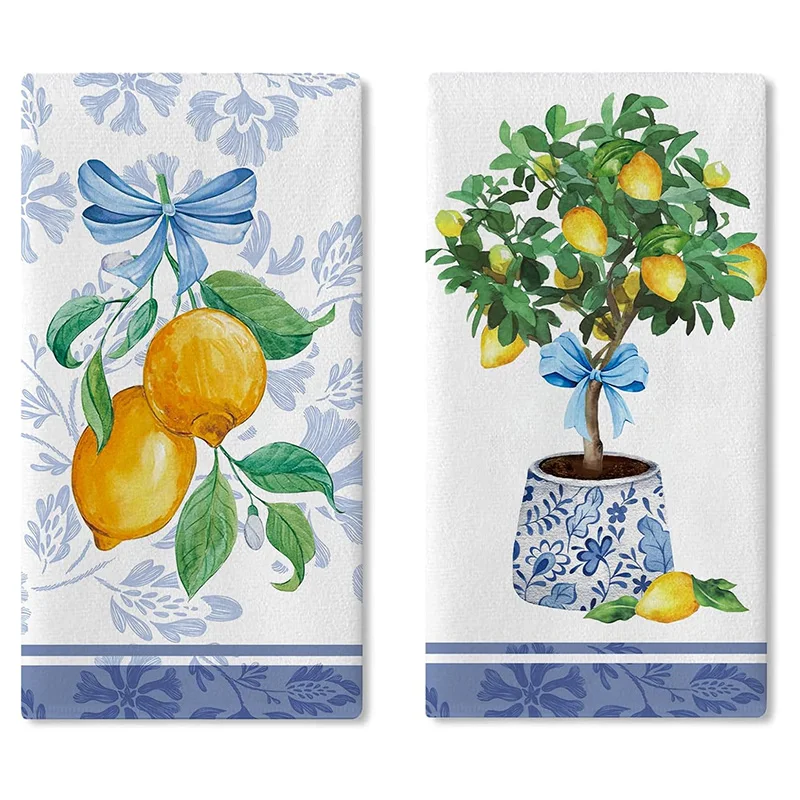 2-Pack Capri Island Lemon Tree Simple Cleaning Cloths for Home Use, Scouring Pads, Dish Towels, Tea Towels, and Placemats, for Washing and Drying Household Items, Soft Absorbent Drying Cloths, Lint-Free, Non-Fading, Reusable. Spring and Summer Floral Designs