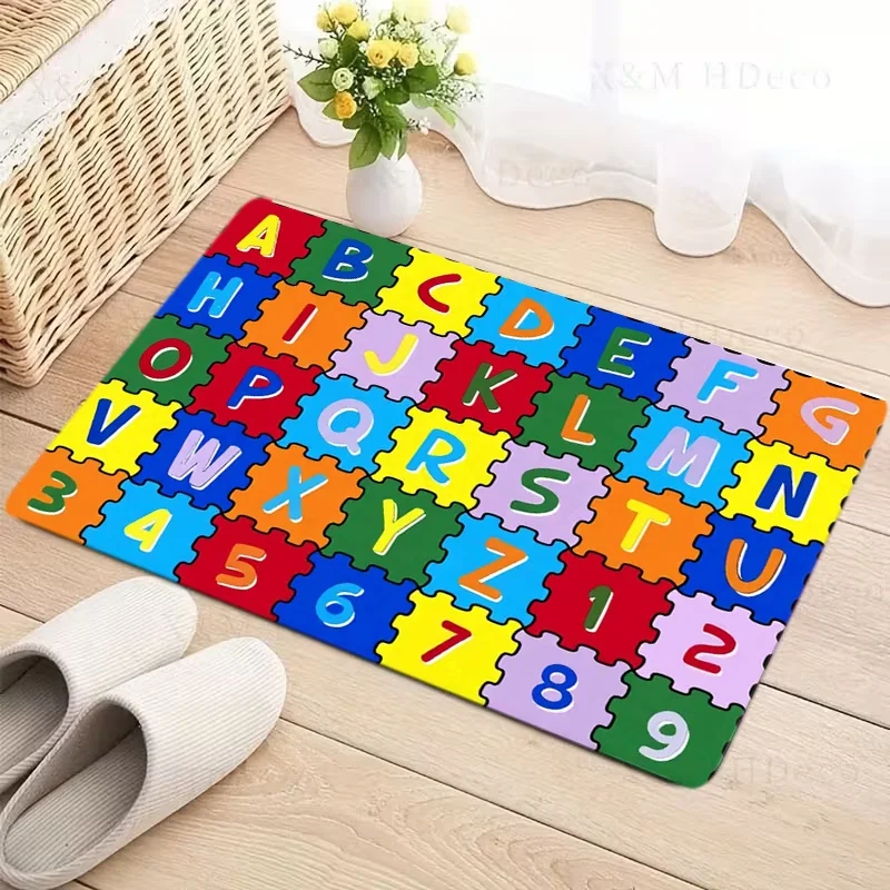 Alphabet Welcome Rug Colorful Letters Doormat Puzzle Block Pattern Entrance Carpet Office Classroom Studio Floor Decoration