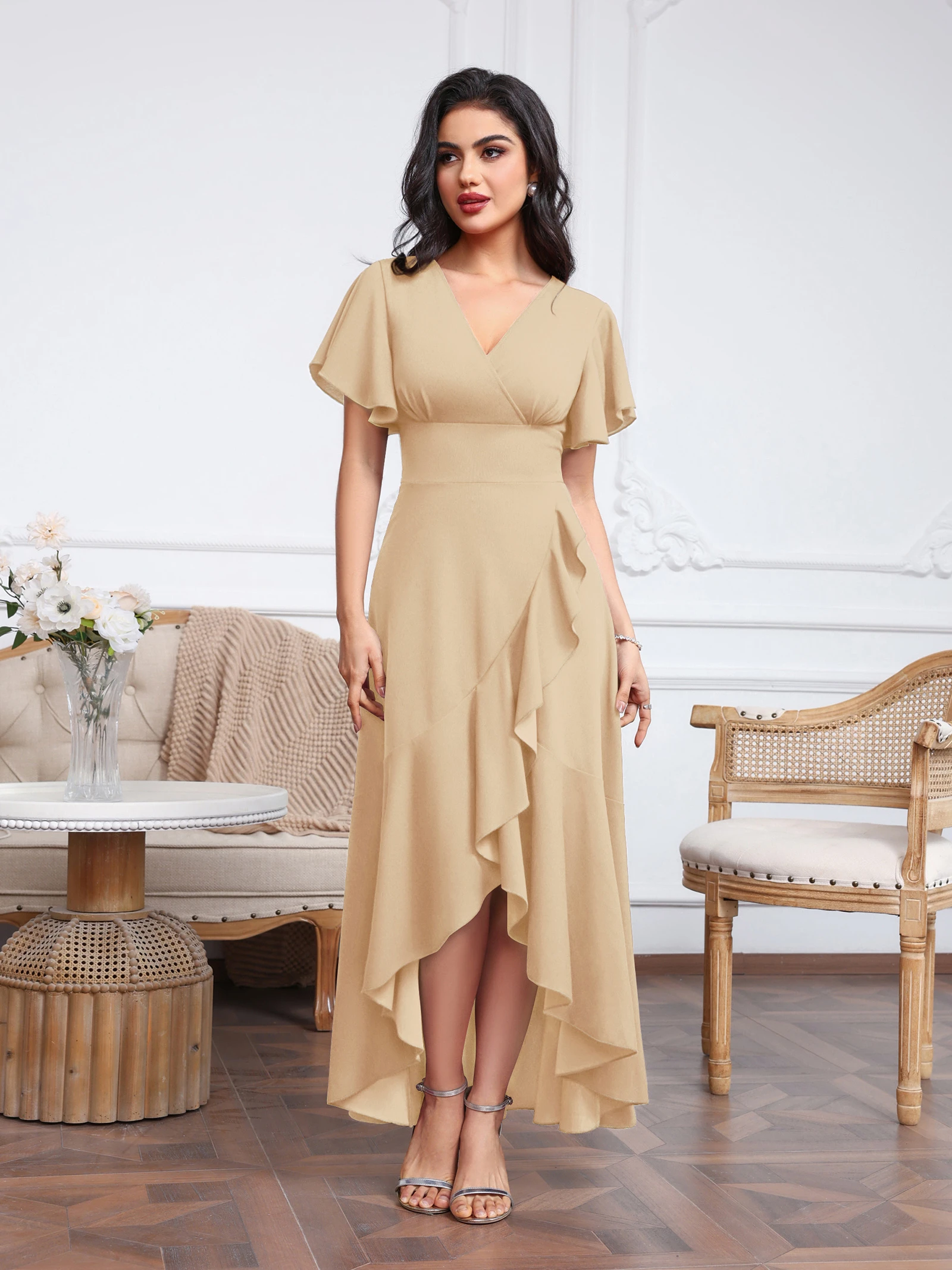 2025 New Irregular Evening Dress Ruffles Tulle Short Sleeve V-Neck High-Low Prom Dresses Wide Empire A-Line Long Split Gowns