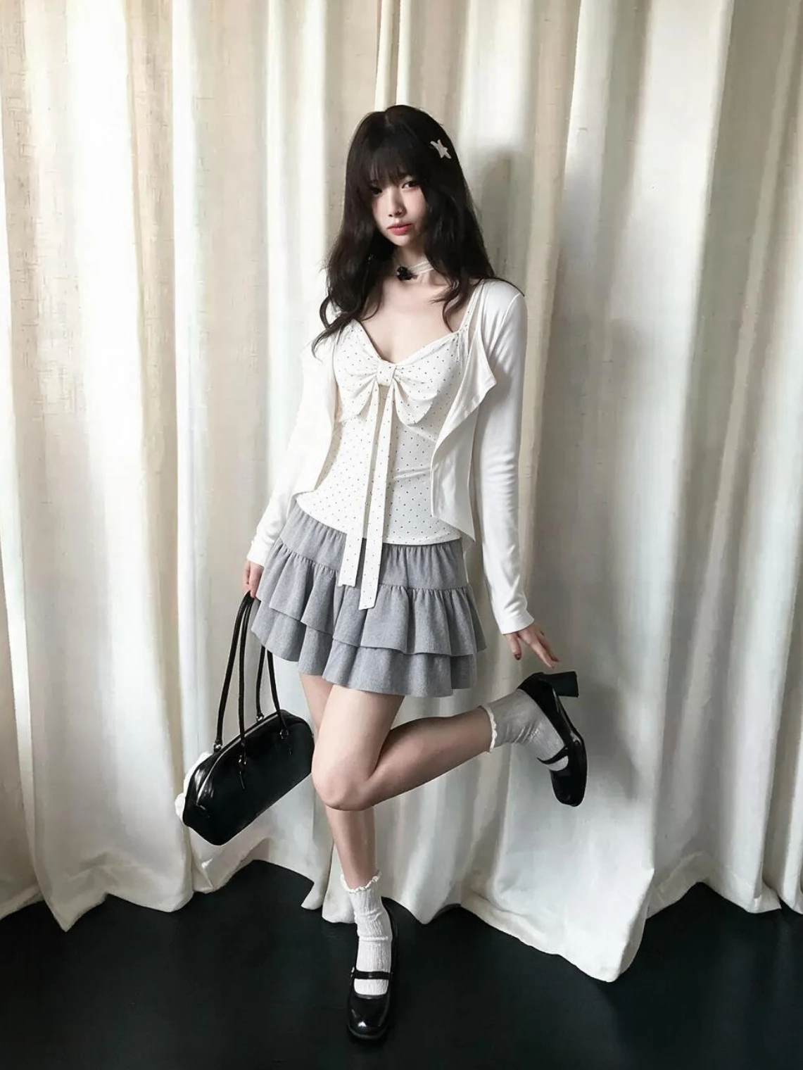 Y2K Sweet Women 2pcs Set Polka Dot Bow Sling Camisole Long Sleeve Thin Open Cardigan Kawaii Preppy Korean Streetwear Outfit