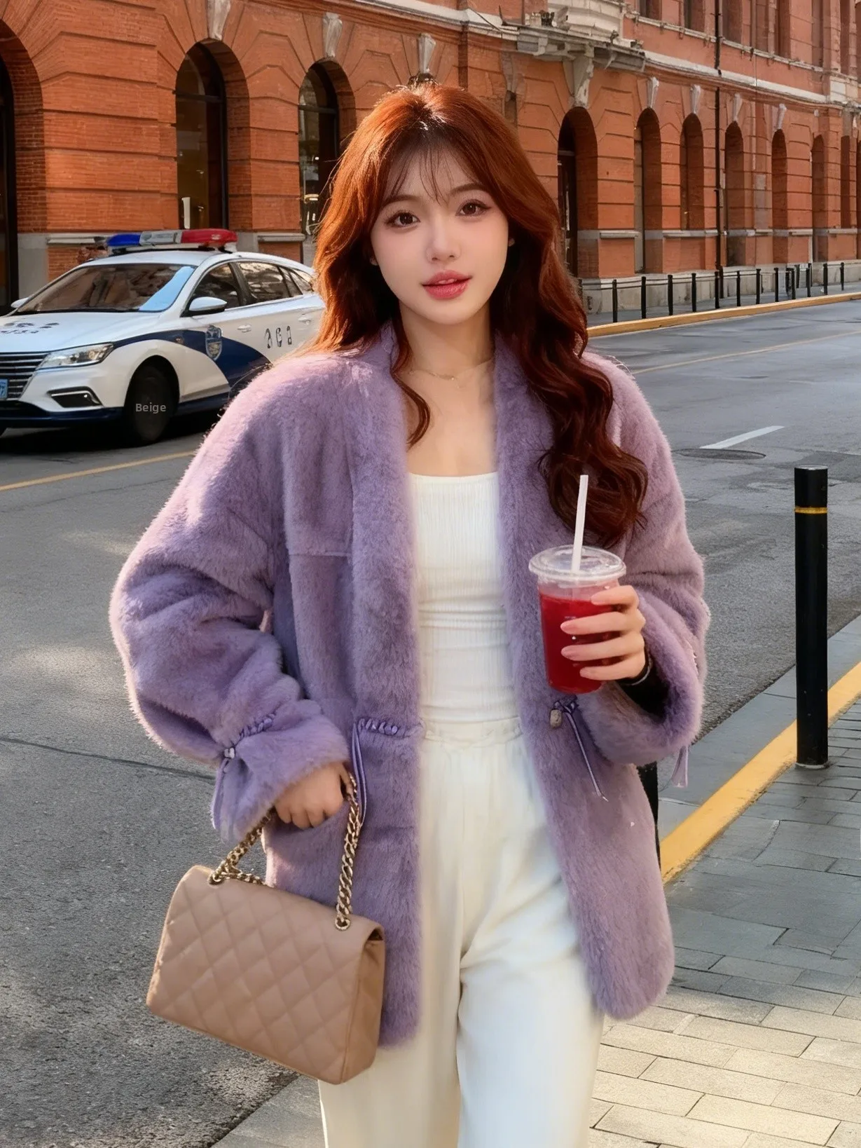 

New Chinese Style Winter Fur Coat Design Pure Color Versatile Outerwear Warmth Long Sleeve V-Neck Straight Cut European Station