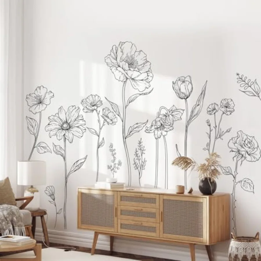

Large Black Boho Flower Wall Decals, 3 Sheets Simple Sketch Floral Wall Stickers Peony Wildflower Peel Stick Wall Art Decor Bed