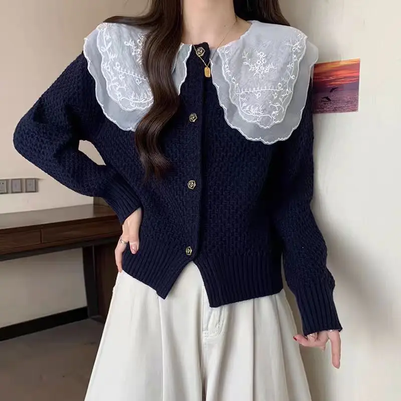 French Double Layer Doll Collar Knitted Cardigan Autumn Clothing Women's Single-breasted Long Sleeve Outer Sweater Jacket