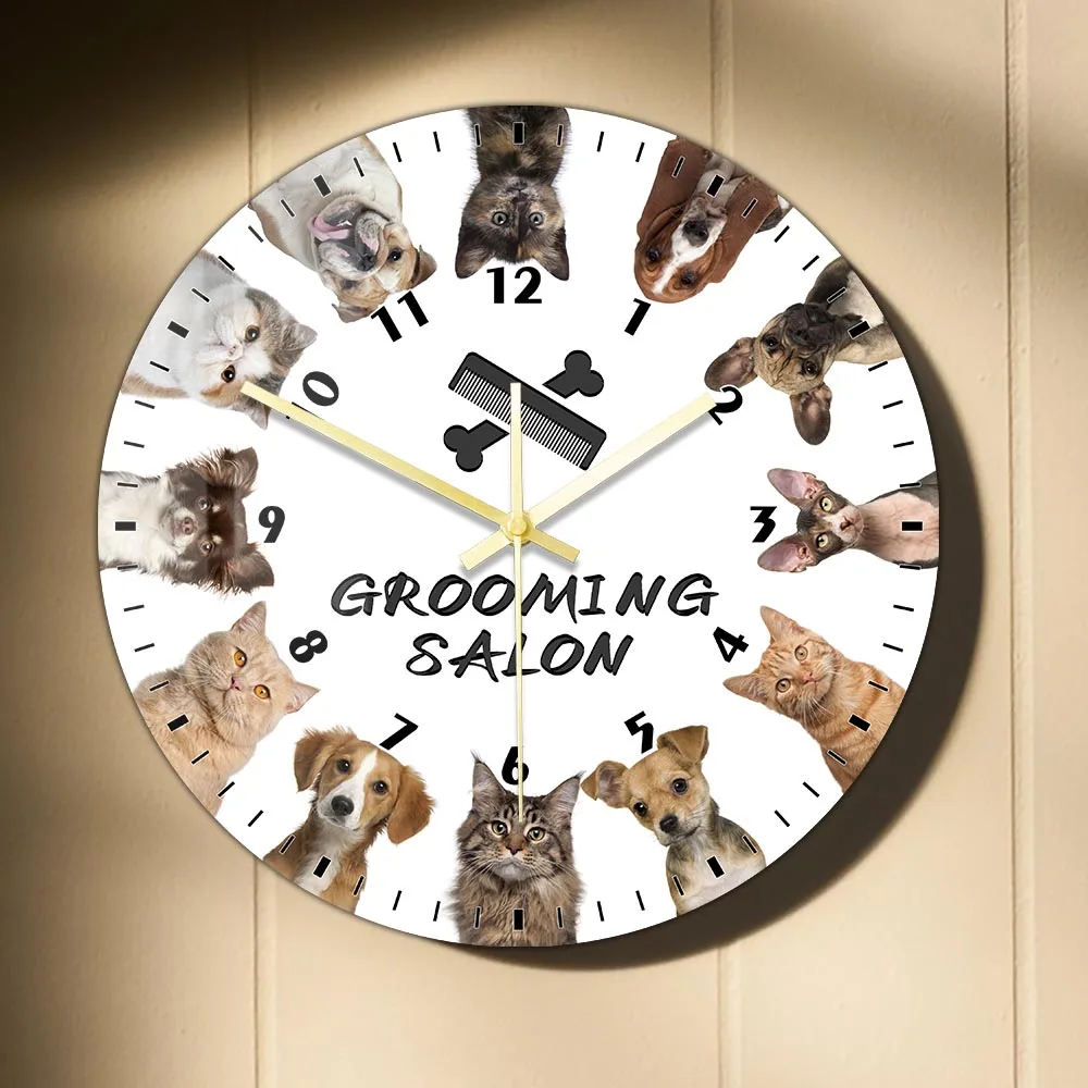 Cat And Dog Grooming Salon Personalized Print Wall Clock for Vet Clinic Pet Groomer Shop Decorative Wall Sign Silent Wall Watch