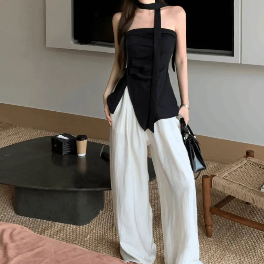 

Французский черный топ с воротником-бретелькой и широкими брюками с высокой талией, женский летний модный комплект из двух предметов с драпировкой